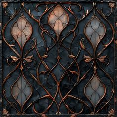 an intricate ironwork design on the side of a building with decorative flowers and leaves