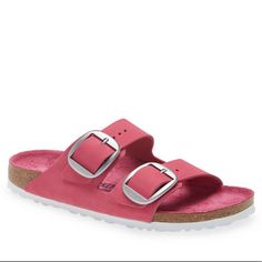 New In Box *** Nib Birkenstock Arizona Big Buckle Sandal In Fuchsia Tulip Nubuck, Size 7-875/Eu 38 Narrow Width. Premium Nubuck Leather Uppers With An Open Toe. Slip-On Style Sandal Features Dual Straps With Adjustable, Oversized Buckles. Leather Lined, Contoured Cork Footbed. Raised Toe Bar. Neutral Heel Profile And Deep Heel Cup. Flexible Eva Outsole Offers Lightweight, Shock Absorbing Support. Made In Germany Pink Slippers With Textured Footbed For Vacation, Pink Textured Footbed Slippers For Vacation, Pink Vacation Slippers With Textured Footbed, Vacation Pink Slippers With Textured Footbed, Pink Textured Slip-on Slides, Comfortable Pink Footbed Sandals With Textured Sole, Comfortable Pink Footbed Sandals With Textured Footbed, Pink Cushioned Slippers For Spring, Comfortable Pink Textured Footbed Sandals