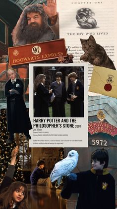 harry potter collage with hogwart's express pictures and other things on it