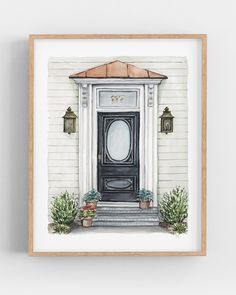 a painting of a front door with potted plants on the steps and two lanterns