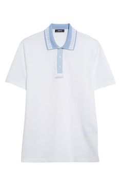 A pale Greca motif frames the collar of a polo crafted from breathable cotton piqué and styled to make a smart finish to any sporty look. 29" length (size Medium) Button half placket Spread collar Short sleeves 100% cotton Machine wash, dry flat Imported Designer Clothing Men Home Decor, Pet Mom, Rollerball Perfume, Beauty Sale, Fragrance Design, Fabric Gift Bags, Sporty Look, Fabric Gifts, Free Fabric