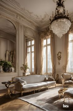 an elegant living room with chandelier, couch and two chairs in front of large windows