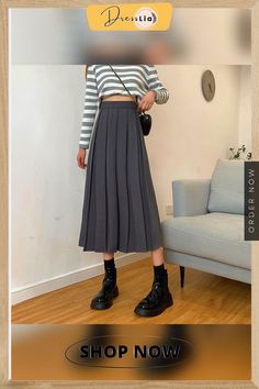 Vintage Pleated Midi Skirt Fashion High Waist Gothic Skirt Women Spring Casual Korean A-line Elastic Solid All-match Skirt New Casual A-line Pleated Maxi Skirt, Casual A-line Maxi Skirt With Pleats, Wide Leg Gray Skirt For Spring, Gray Long Pleated Skirt, Gray Wide-leg Skirt For Spring, Casual Pleated Flared Skirt, Non-stretch Midi Pleated Skirt, Casual A-line Pleated Skirt For Winter, Gray Relaxed Fit Pleated Skirt