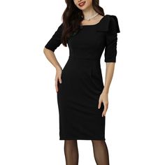 This stylish dress features a square neck, 3/4 sleeves, and a flattering bodycon fit that produces a slimming visual effect. Made with stretchy knit material and finished with a charming bow ruffle, this dress is perfect for fall/winter and will leave you feeling confident and comfortable all day long. The dress is available in a solid color and falls just below the knee, making it a versatile piece that can be dressed up or down. Pair with high heels, boots, or other accessories to create a var Ruffle Dress Black, Women's Business Casual, Ruffle Bodycon Dress, Bodycon Dress Black, Ruffle Bodycon, Bodycon Cocktail Dress, Professional Style, Ruched Sleeve, Beautiful Dresses For Women