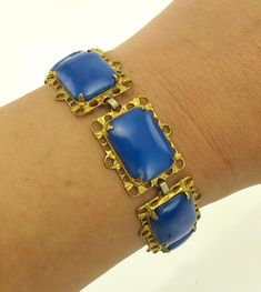 Vintage Victorian Style Gold Tone Sterling Silver & Blue Glass "Stone" Linked Bracelet Linked Bracelet, Retro Jewelry, Gold Wash, Real Stone, Vintage Victorian, Tiffany Heart, Victorian Style, Heart Charm Bracelet, Silver Blue