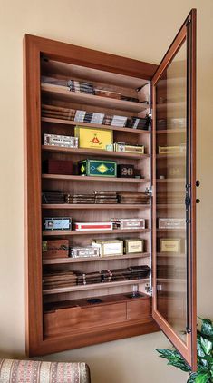 an open book case with many books on it and a potted plant next to it