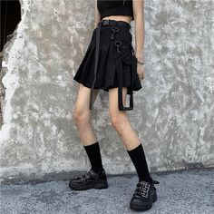 HARAJUKU STREETSTYLE TACTICAL UTILITY SKIRT This streetstyle buckle belt skirt is a must have this year. Comes with safety pants underneath for more comfortable wear. SIZE INFO S - Waist 66cm/25.98", Length 40cm/15.74" M - Waist 70cm/27.55", Length 41cm/16.14" L - Waist 74cm/29.13", Length 42cm/16.53" NOTE: DUE TO VERY HIGH DEMAND, PLEASE ALLOW 12-20 DAYS FOR DELIVERY TO THE US, AND 20-45 DAYS TO THE REST OF THE WORLD. Preppy Mode, Punk Skirt, Streetwear Korean, Womens Pleated Skirt, Utility Skirt, Black Punks, Girls In Mini Skirts, A Line Shorts, A Line Mini Skirt