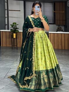 Green Lehenga With Contrast Blouse, Green Cutdana Sets For Navratri, Designer Green Lehenga With Traditional Drape, Green Lehenga With Traditional Drape For Designer Wear, Designer Green Sets For Navratri, Pista Green Cutdana Lehenga For Navratri, Green Lehenga With Cutdana In Traditional Drape, Green Semi-stitched Choli With Cutdana Details, Green Semi-stitched Cutdana Choli