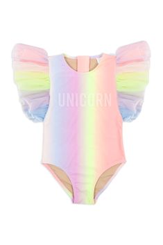 Shade Critters Sherbert Rainbow Unicorn One Piece Swimsuit Summer Stretch Bodysuit For Playwear, Spring Beachwear Bodysuit For Playwear, Pink Stretch Leotard For Summer, Summer Stretch Pink Leotard, Cute Pink Summer Bodysuit, Cute Pink Bodysuit For Summer, Fitted Summer Bodysuit For Playwear, Pink Summer Party Leotard, Playful Spring Party Swimwear