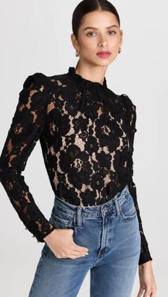 WAYF Emma Puff Sleeve Lace Top | Shopbop Chic Scalloped Lace Top For Fall, Formal Long Sleeve Tops With Scalloped Lace, Chic Scalloped Lace Fall Blouse, Feminine Puff Sleeve Top With Lace Cuffs, Feminine Top With Lace Cuffs And Puff Sleeves, Spring Fitted Lace Top With Puff Sleeves, Puff Sleeve Tops With Lace Cuffs For Daywear, Formal Long Sleeve Blouse With Scalloped Lace, Fitted Scalloped Lace Blouse