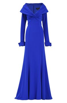 Be the perfect picture of elegance and ease in a portrait-collar gown designed with cuffed sleeves and a puddling skirt. 60" length Hidden back-zip closure Portrait collar Long sleeves with one-button cuffs Lined 95% polyester, 5% spandex Dry clean Imported Collar Gown, Dress Reference, Met Gala Outfits, Long Gowns, Kendall Style, Soiree Dress, Royal Clothing, Sleeve Gown, Long Sleeve Gown