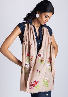 Indulge in the refined elegance of our light copper cashmere scarf. Featuring delicate multi-colored floral embroidery and accented with tonal light copper lace appliques, this scarf offers a beautiful blend of sophistication and uniqueness. Combining warmth with effortless style, it’s the perfect accessory for any occasion. Pashmina Shawl With Floral Embroidery, Festive Chikankari Embroidery Scarves, Bohemian Pashmina Scarves With Floral Embroidery, Bohemian Scarves With Multicolor Embroidery, Spring Embroidered Beige Dupatta, Beige Embroidered Dupatta For Spring, Bohemian Embroidered Pashmina Fabric, Traditional Floral Embroidered Scarf For Spring, Traditional Floral Embroidered Scarves For Spring