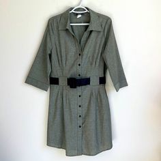 Nwot Montana Jeans Cotton Gray Green Denim Shirt Dress Button Down With Black Belt Material: 100% Cotton Next Business Day Shipping Workwear Shirt Dress With 3/4 Sleeves And Buttons, Workwear Shirt Dress With 3/4 Sleeve And Button Closure, Fitted Casual Shirt Dress For Work, 3/4 Sleeve Shirt Dress For Work, 3/4 Sleeve Shirt Dress With Button Closure For Work, Casual Summer Shirt Dress For Office, Fitted Button-up Belted Shirt Dress, Casual Shirt Dress For Summer Office Wear, Fitted Belted Button-up Shirt Dress