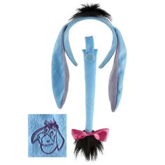 a blue headband with black hair and a pink bow