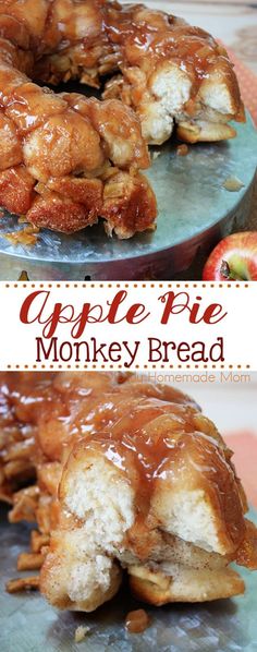 an apple pie monkey bread is cut in half and stacked on top of each other