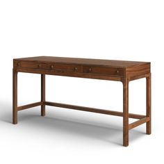 a wooden desk with two drawers on one side and an open drawer on the other