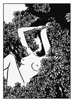 a black and white drawing of a naked woman surrounded by flowers on a tree branch