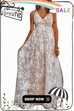 White V Neck Backless Floral Lace Maxi Dress Sleeveless Beige Maxi Dress For Prom, Chic A-line Lace Maxi Dress, Beige Maxi Dress For Summer Prom, Chic Lace Maxi Dress For Bridesmaid, Chic Lace Bridesmaid Maxi Dress, Summer Lace Maxi Dress For Bridesmaids, Lace Maxi Dress For Bridesmaid In Summer, Chic Lace Maxi Dress For Wedding Guest, Chic Lace A-line Maxi Dress