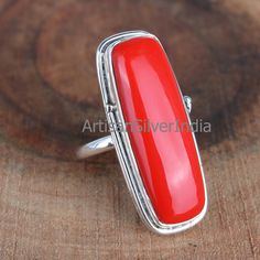 Long Coral Ring, Gemstone Ring, 925 Silver Ring, Red Coral Ring, Handmade Ring, Long Cushion Ring, Birthstone Ring, Gift For Her, Stone Ring. Material: 925 Solid Sterling Silver Gemstone: Red Coral Stone Shape: Cushion Stone Size: 10x30 mm Weight: 8.00 GM Genuine 925 Solid Silver Handmade Ring Lowest Price Guaranteed ''Spring Trends'' THIS ALL DESIGN IS CRATED BY ARTISANSILVERINDIA ITS ORIGINAL DESIGN NO OTHER SITE IS SELLING THIS !! One-Of-Kind Item !! !! Artisan jewelry !! !! Halloween !! !! Christmas Day !! !! Christmas Offer !! !! Etsy Cyber 2020 !! Jaipur Silver 925 !! Best Seller bridesmaid Gift !! !! personalized jewelry  !! Birth Stone Earring !! Boho Magic Silver Boho Magic Silver Jewellery personalized gift best_friend_gifts A one-of-a-kind community Peace of mindetsy-gift-guides Red Gemstone Rings In Sterling Silver, Classic Adjustable Red Ring, Red Sterling Silver Ring Gift, Handmade Red Sterling Silver Rings, Red Sterling Silver Rectangular Rings, Rectangular Hallmarked Ruby Ring, Red Sterling Silver Open Ring, Red Open Ring Stamped 925, Red Sterling Silver Ring Stamped 925