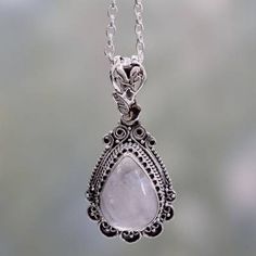 Ornate Handcrafted Sterling Silver Necklace with Moonstone - Moonlight Glamour | NOVICA Amber Tattoo, Medieval Necklace, Jewelry Facts, Silver Necklace Simple, Moonstone Pendant Necklace, Necklaces Pendant, Silver Jewelry Design, Silver Jewelry Necklace, Silver Jewellery Sets