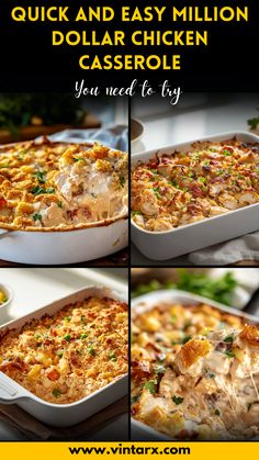 four different views of a casserole dish with chicken and cheese in the middle