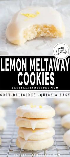 lemon meltaway cookies on a cooling rack with the title overlay reading lemon meltaway cookies soft - delicious, quick and easy