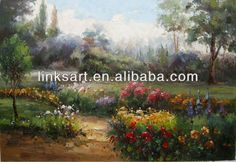 an oil painting of flowers and trees in a field with dirt path leading to it