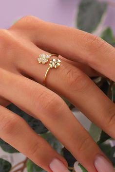 Diamond 4 Leaf Clover Flower Open Ring, 14k 18k 10k Gold Irish Good Luck Ring, St Patricks Day Gift for Her, Shamrock Necklace Introducing our exquisite Diamond Ring collection, featuring the enchanting 4 Leaf Clover Ring and Clover Ring, symbols of luck and fortune. Adorn your finger with the captivating Open Ring and delicate Flower Ring, perfect for expressing your unique style. Celebrate Irish heritage with our charming Irish Ring, a symbol of luck and blessings. Embrace the allure of our Go Fine Jewelry In Yellow Gold With Flower Shape, Luxury Diamond Cut Flower Ring For Gift, Luxury Flower Diamond Cut Ring As Gift, Gold Plated Flower Jewelry For Anniversary, Yellow Gold Flower Shaped Fine Jewelry, 14k Stamped Flower Ring For Anniversary, 14k Gold Flower-shaped Jewelry With Brilliant Cut, Yellow Gold Flower-shaped Tarnish Resistant Jewelry, 14k Gold Flower Shaped Brilliant Cut Jewelry