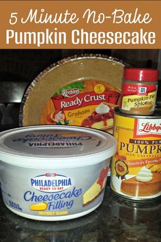 the ingredients to make pumpkin cheesecakes are shown in this image with text overlay