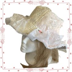 Add a touch of vintage charm to your outdoor adventures with this upcycled vintage lace bucket hat for women. Perfect for the shabby chic cottage core bride or as a stylish honeymoon accessory, this hat also doubles as the ideal beach or sun hat. Stay cute and protected from the sun with this unique and versatile piece that is sure to turn heads wherever you go. Handcrafted with love and attention to detail, this hat is a must-have for anyone looking to add a touch of coquette nostalgia to their Vintage Mini Bucket Hat For Kentucky Derby, Vintage Mini Hats For Spring Festivals, Bohemian Brimmed Mini Hats For Garden Party, Bohemian Wide Brim Mini Hats For Garden Party, Vintage Hats For Kentucky Derby Festival, Adjustable Vintage Mini Hats For Festivals, White Bohemian Hat For Garden Party, Bohemian Mini Hat With Short Brim For Wedding, Bohemian White Mini Hats With Curved Brim