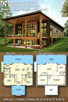 House Plan 135233GRA gives you 1600 square feet of living space with 2 - 3 bedrooms and 2 - 3 baths Mountain House Plan, House Plans Ideas, Barn Style House Plans, Building Plans House, Mountain House Plans, Cabin House Plans, Lake House Plans, Small Buildings, Barn Style House