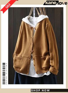 Women's Loose Art Casual Double Pocket Knitted Sweater Jacket Brown Knit Outerwear With Pockets, Vintage Knitted Sweater Coat For Fall, Vintage Knit Sweater Coat For Fall, Casual Knitted Button-up Cardigan, Winter Casual Button-up Sweater Coat, Fall Button-up Knitted Top, Casual Button-up Sweater Coat For Winter, Fall Knitted Button-up Tops, Casual Knitted Long Sleeve Sweater Coat