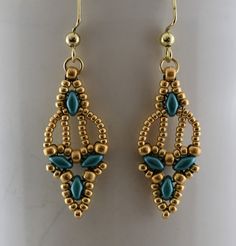 two pairs of gold and turquoise beaded earrings on white surface with clippings