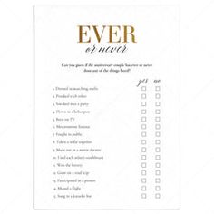 a white and gold wedding game with the words ever as much written in black ink