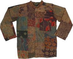 A unisex vintage-style stonewashed patchwork cotton fabric full sleeve shirt. This shirt is made from recycled fabric material, sewn into patches and dyed together to create a single rustic brown color tone. #tlb #Patchwork #Stonewash #Floral #Printed #bohemianfashion #Handmade #VacationShirt #HawaiiShirt #Bohemianpatchworkunisexshirt