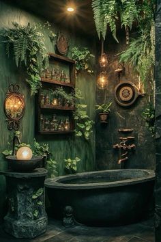 a bathroom with green walls and plants growing on the wall above the bathtub is surrounded by greenery