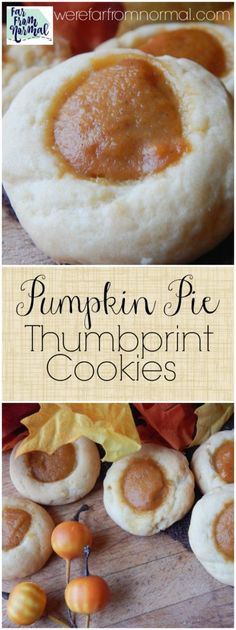 pumpkin pie thumbprint cookies on a wooden table