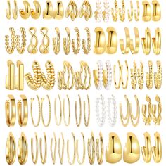 PRICES MAY VARY. Gold Hoop Earrings：You will get 36 pairs of gold earrings of different designs and sizes, including gold earrings, chunky earrings, big hoops, small hoops, twisted earrings, pearl earrings. which can be worn on different parts of the ears. One set will satisfy you for all occasions and clothing, makes you more elegant and attractive! High Quality Material：Our gold hoop earrings are made of premium alloy material, no lead and nickel, and hypoallergenic, mirror color preserving el Parts Of The Ears, Gold Hoop Earrings Aesthetic, Gold Earring Stack, Gold Earrings Aesthetic, Gold Earrings Hoops, Hoop Earrings Aesthetic, Twisted Earrings, Hoco Ideas, Earring Pack