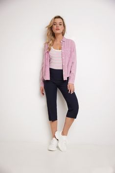 Do you sometimes wish you could enjoy the summers in a casual look, but think it may not be dressy enough for the office? These dressy straight leg capris are made just for you. They are roomy and comfortable enough to feel the soft breezes, and elegant enough to pair up with all your formal tops. Their chic details such as the pressed leg and nautical-inspired buttons add flair to your outfits, making them a summer must-have. Contoured waistband and back darts for perfect fit Tonal buttons at t Casual Capri Outfits, Casual Bottoms For Spring With Straight Hem, Casual Spring Bottoms With Straight Hem, Spring Casual Bottoms With Straight Hem, Casual Spring Bottoms For Workwear, Casual Cotton Capris For Day Out, Casual Workwear Capri Pants, Casual Capri Length Pants For Work, Casual Capri Length Work Pants