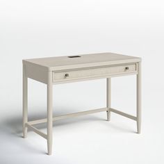 a white desk with two drawers on the top and one drawer at the bottom, against a white background