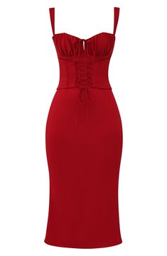 Turn heads in this stunning corset-inspired midi with a lace-up bodice and a flared hem all crafted of lightweight duchess satin. Exclusive retailer Sweetheart neck Adjustable straps Lined 100% polyester Dry clean Imported Luxury V-neck Bodycon Dress For Date Night, Red Lace Outfit Classy, Bodycon Date Night Dress, Trendy Clothes For Women Venus, Formal Valentines Day Dress, Faye Valentine Dress, Valentines Day Dress Casual, Red Cut Out Dress, Short Bodycon Dress Formal Classy