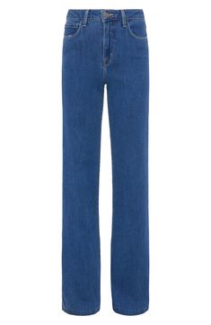 the high waisted jeans are made from blue denim and have rolled up hems