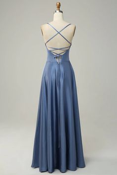 Grey blue neckline A-line long bridesmaid dress Light Blue A-line Prom Evening Dress, Blue A-line Maxi Dress For Prom, Light Blue A-line Bridesmaid Dress, Blue A-line Maxi Dress With Fitted Bodice, Elegant Blue Ball Gown With Corset Back, Evening A-line Bridesmaid Dress With Ruched Bodice, A-line Prom Dress With Sweep Train, A-line Wedding Dress With Sweep Train For Debutante Ball, Blue Satin Ball Gown For Prom