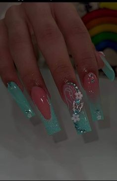 Nails 2023 Trends Spring Square, Turquoise Acrylic Nails, Teal Acrylic Nails, Turquoise Nail Designs, Teal Nail Designs, Blue Prom Nails, Quince Nails, Aqua Nails, Teal Nails