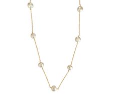 Add a touch of classic elegance to your look with the Kate Pearl Necklace. Six lustrous Mother of Pearls adorn this gorgeous 18k gold plated chain necklace. Can be worn alone or layered, either way you'll receive tons of compliments! 18k gold plating mother of pearl pendant length: 36" Classic Chain Necklace With Pearl Charm For Formal Occasions, Classic Formal Chain Necklace With Pearl Charm, Classic Gold-plated Pearl Chain Necklace, Classic White Long Chain Necklace, Classic Pearl Pendant Chain Necklace, Classic Gold Pearl Necklaces, Classic Gold Pearl Chain Necklace, Classic Yellow Gold Pearl Chain Necklace, Classic Yellow Gold Chain Necklace With Pearl Pendant