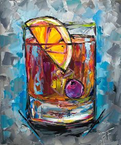 an oil painting of a glass with a drink