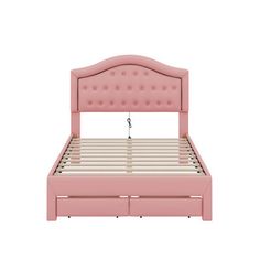 a pink bed frame with two drawers underneath it and a headboard on the bottom