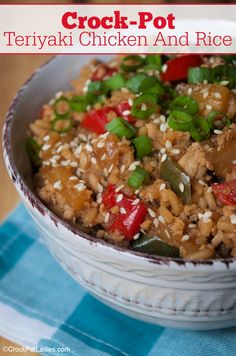 Crock-Pot Teriyaki Chicken And Rice - Everyone in the family is going to love this simple recipe for Crock-Pot Teriyaki Chicken And Rice. Ground chicken and just a few ingredients has dinner waiting for you! [Low Fat & Weight Watchers friendly!] #CrockPotLadies #CrockPot #SlowCooker #ChickenRecipes #LowFat #WeightWatchers Rice Crockpot Recipes, Crockpot Chinese, Crockpot Rice Recipes, Crockpot Teriyaki, Rice Crockpot, Hen Recipes, Food Crockpot, Crockpot Foods, Teriyaki Chicken Crock Pot