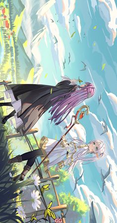 two anime characters are standing in front of some clouds and trees, one is holding an umbrella