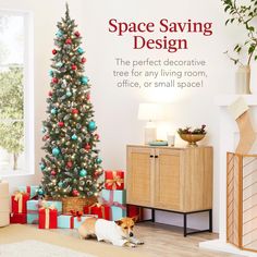 a dog sitting in front of a christmas tree with presents around it and the words space saving design